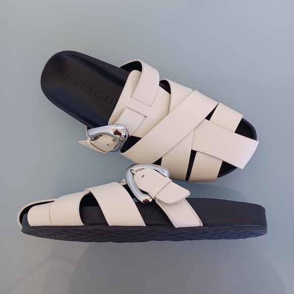 AEROSOLES Shoes - Aerosoles Womens Cream White Caged Platform Slide Sandals Silver Buckle 10M NEW
